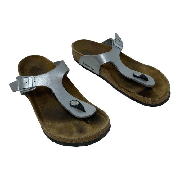 Birkenstock | Shoes | Birkenstock Gizeh Womens Girls Size 34 Us 3 Metallic  Silver Thong Sandals | Poshmark